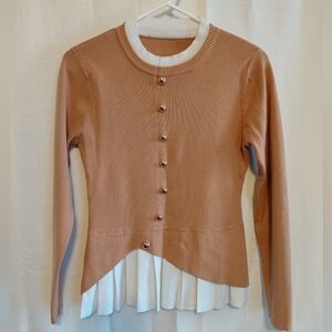 Tan Button-Up Sweater with White Pleated Hem